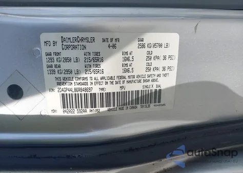 2006 Dodge Grand Caravan Sxt из США, поврежденный, VIN 2D4GP44L86R848697